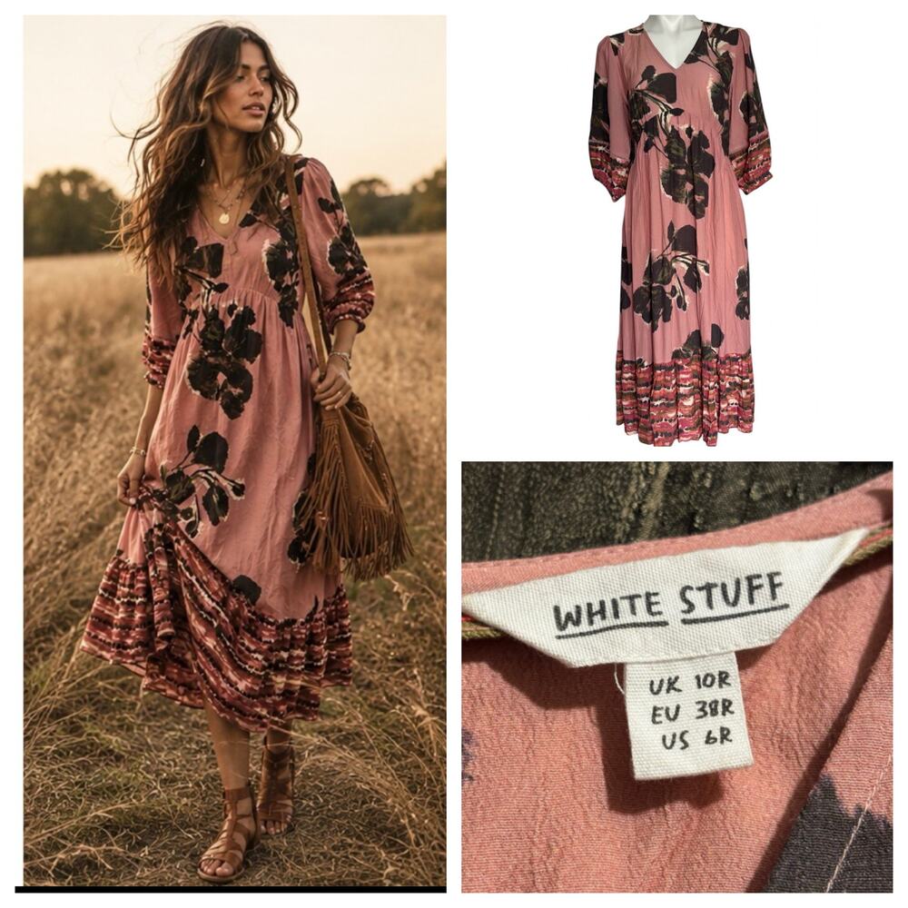 Pink Boho Cottagecore Maxi Dress Sz S Romantic English Garden Floral Feminine
